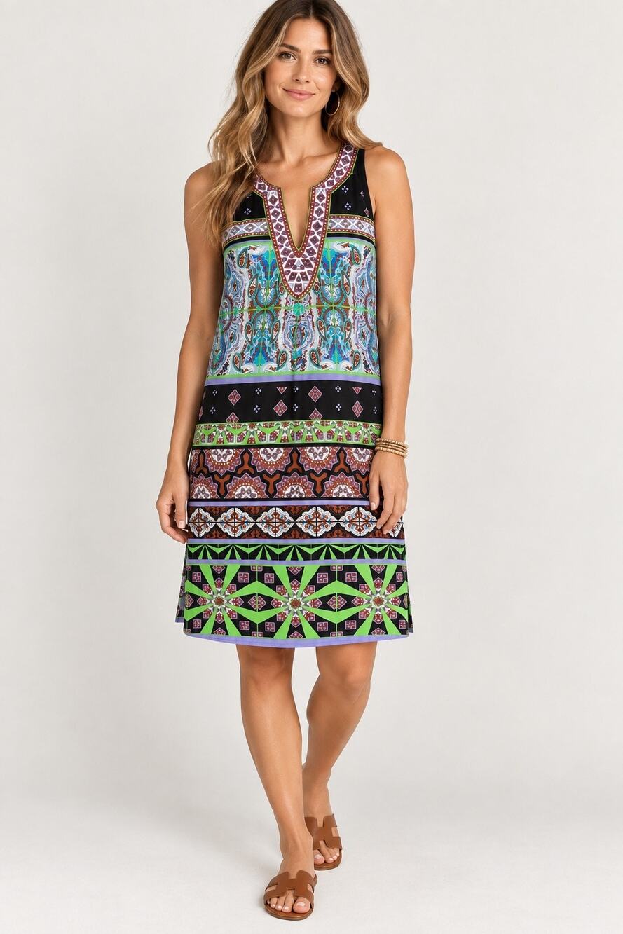 Hale Bob Multicolored Sleeveless Dress Small Stretch Jersey Boho Artsy Resort